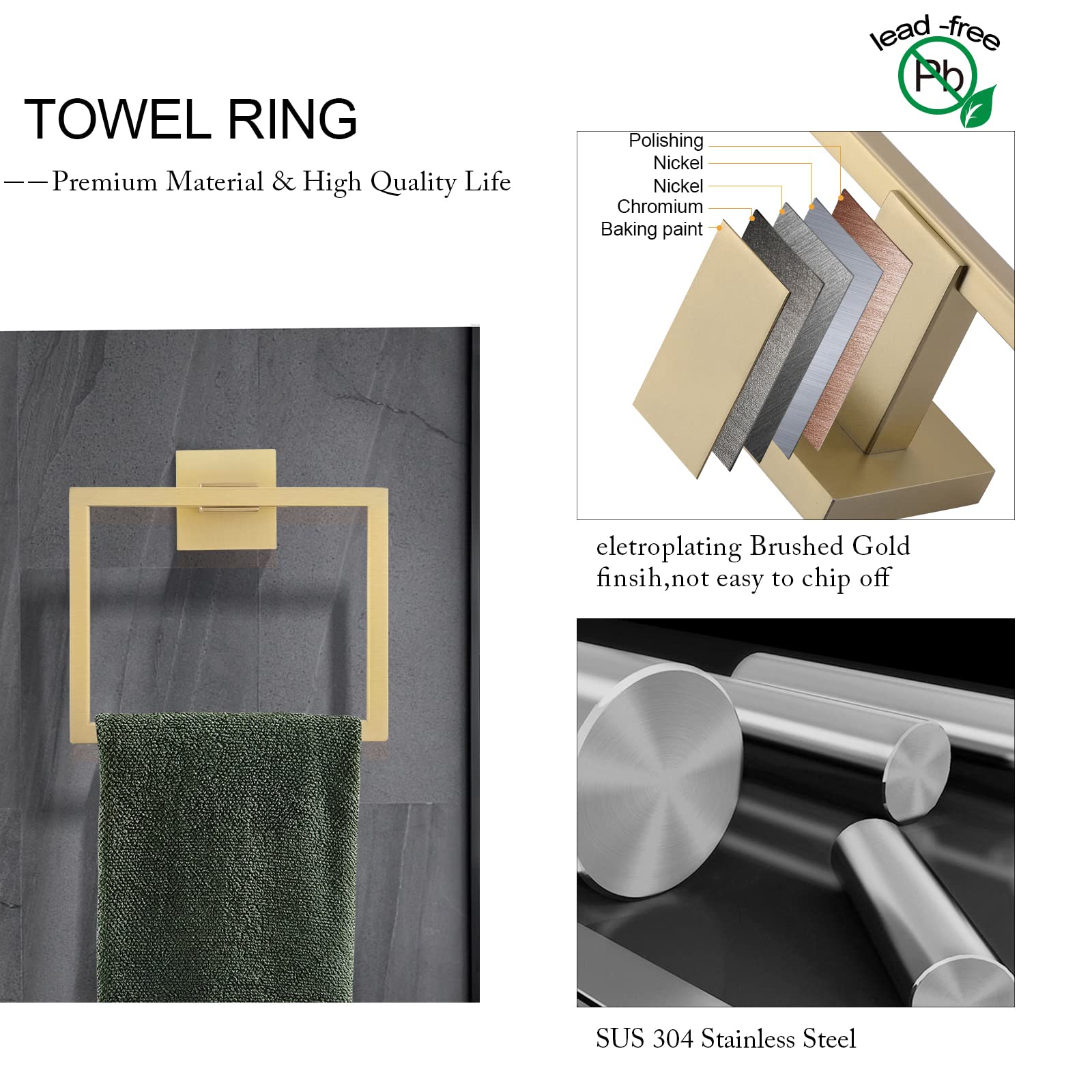 Tnoms Brushed Gold Towel Bar Set Bathroom Hardware Set, 5 Pieces Gold Bathroom Accessories Set Stainless Steel Wall Mounted Towe